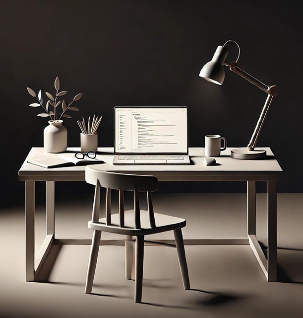 Büro-Bild mit Laptop, Blumen und Kaffee